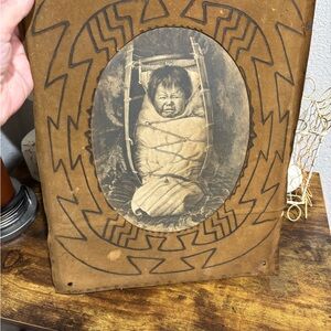 Antique Native American Baby on Cradle Board Portrait Hand Drawn Leather Mat